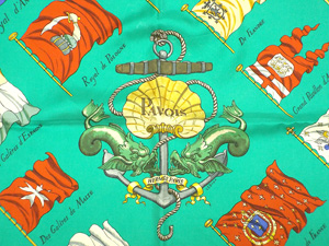 エルメス/カレ90 スカーフ 【PAVOIS（船旗）】/グリーン×マルチカラー ...
